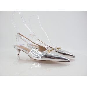 Sam Edelman Farrah Pump Womens 9.5 Vegan Patent Silver Pointed Kitten Heel